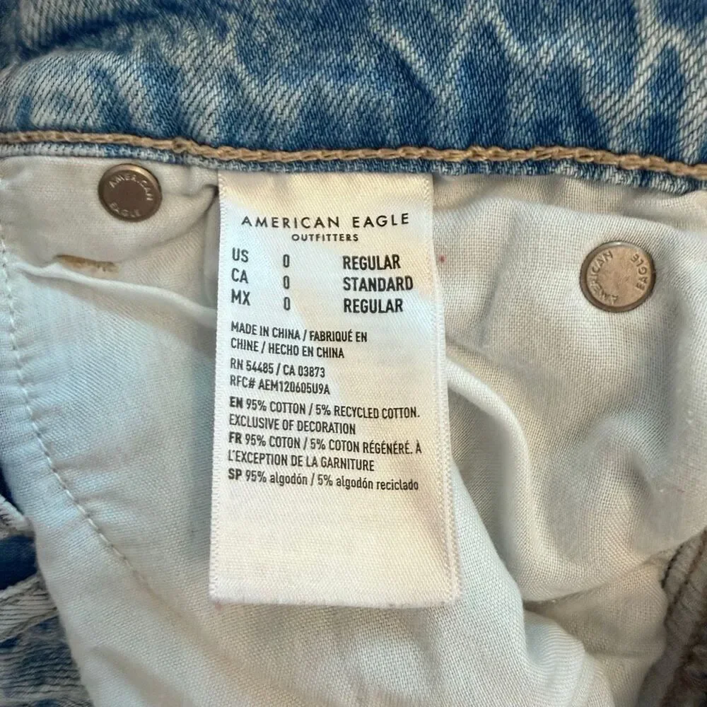 American Eagle Wide Leg High Rise Whiskering Cotton Distressed Jeans Blue Size 0